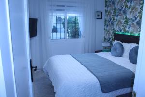 a bedroom with a bed with blue pillows and a window at Villa Oliver in Mazarrón +25 photos