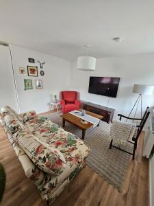 a living room with a couch and a tv at Talblick Saschwalle in Sasbachwalden