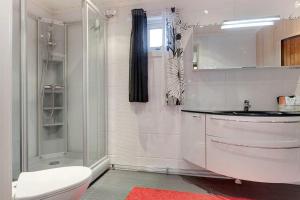 a bathroom with a shower and a toilet and a sink at RIBO Apartment Katterjåkk in Riksgränsen +63 photos
