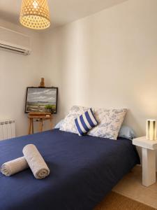 a bedroom with a bed with blue sheets and a television at La cigale bleue - Garden level in Sanary-sur-Mer
