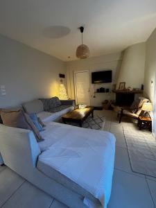 a living room with a couch and a table at Lithos in Khalkoútsion