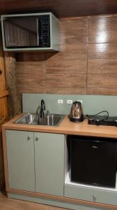 a kitchen with a sink and a microwave at Chalés Recanto da Serra in Bocaina do Sul