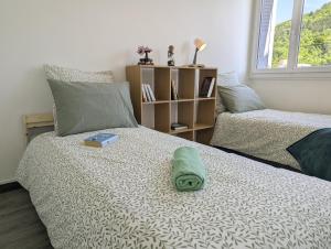 a bedroom with a bed with a green towel on it at Le St Mens in Gap