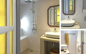 two pictures of a bathroom with a sink and a mirror at Casal Paleologos Villa in Mýkonos City