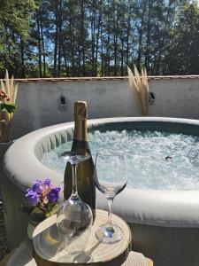 a bottle of champagne and glasses on a table next to a tub at Vacation house Terra in Petrovina