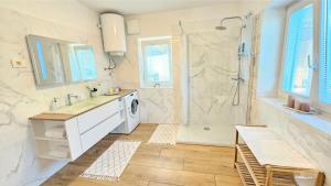 a bathroom with a shower and a sink and a washing machine at Istrian Lux Residence by Istrian apartments Koper in Koper