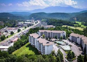 an aerial view of a city with buildings and a parking lot at WP651 Smokin' Views Penthouse in Pigeon Forge