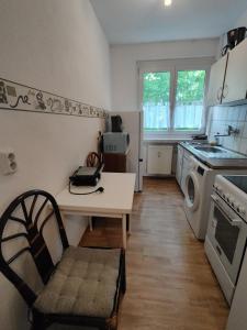 a kitchen with a white table and a washing machine at Monteurwohnungen Bad Langensalza in Bad Langensalza