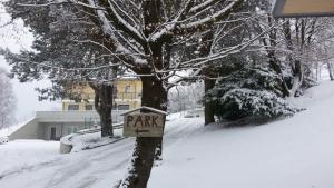a sign on a tree in the snow at Affittacamere Rubino Guest House in Ponte nellʼAlpi