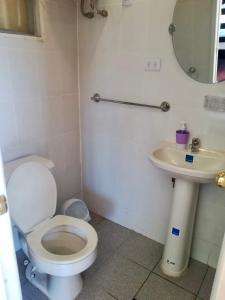 a bathroom with a toilet and a sink at Alojamiento Cabañas in Pucón