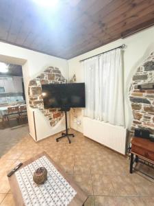 a living room with a flat screen tv and a stone wall at Amelie's Stone House in Vathý