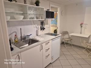 a kitchen with a sink and a counter top at Basement hideaway in Akureyri