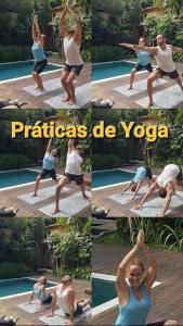 a woman doing a yoga pose next to a pool at Pousada Quintessência - Tranquilidade, Natureza, Yoga in Arraial d'Ajuda