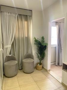 a living room with two chairs and a plant at Seven Pyramids View Inn - Rooftop Breakfast in Cairo +59 photos