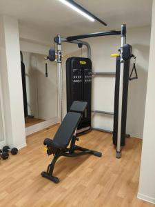 a gym with a bench and some equipment at Thera luxury living in Nikiti