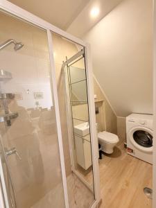a bathroom with a shower stall and a toilet at Namaste in Sesimbra