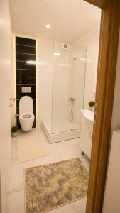 a bathroom with a shower and a toilet and a sink at Airport Suite Trabzon in Trabzon +10 photos