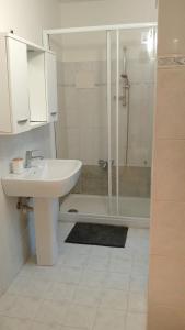a white bathroom with a sink and a shower at La pergola in Sagliano Micca