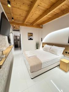 a bedroom with a large bed and a flat screen tv at 44 suites Lygia in Paralia Vrachou +17 photos