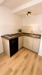 a kitchen with white cabinets and a black dishwasher at Ferienwohnung Hoffmann in Radebeul