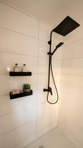 a shower in a bathroom with white walls at Ferienwohnung Hoffmann in Radebeul +1 photo
