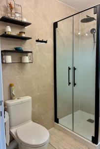 a bathroom with a toilet and a glass shower at Studio cosy avec terrasse, vue mer in Quiberon