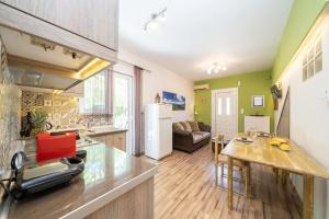 a kitchen and living room with green walls and a table at Orchid Garden Apartment in Sami