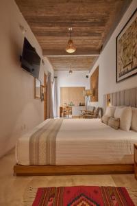 a bedroom with a large bed with a flat screen tv at Casa Carmen Morelos in Oaxaca City