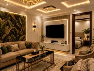 a living room with a couch and a television at Emerald Villa Islamabad in Islamabad