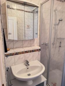 a bathroom with a sink and a shower at La petite Lotie in Saint-Denis-dʼOléron