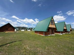 a row of houses with green roofs in a field at Bungalovi 3AS in Žabljak