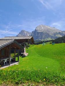 a cabin in a field with mountains in the background at B&B Gasthaus Lieg in Castelrotto