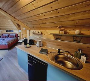 a kitchen with a sink in a log cabin at Le Clos des Chenevières in Rainville