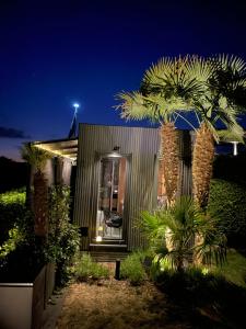 a house with a palm tree in front of it at night at TINY-HOUSE mit Alpen- Stadt- und Poolblick , WLAN in Passau