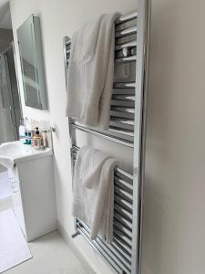 a bathroom with a towel rack and a sink at Ardbrin Lodge Guest Accommodation in Dunadry +53 photos