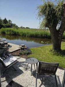 a group of chairs and tables next to a river at Amsterdam Millgreen Den Ilp 198 in Den Ilp