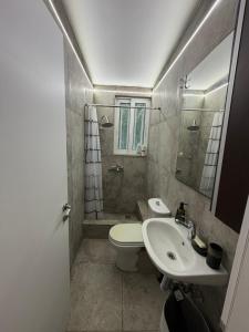 a bathroom with a sink and a toilet and a shower at Verga Olive Grove Studio in Kalamata