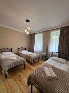 a bedroom with two beds and a chandelier at Kazbegi Vibe in Kazbegi