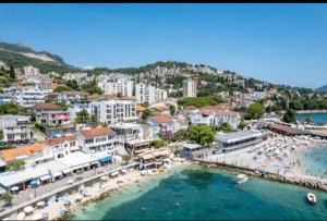 an aerial view of a beach with umbrellas and buildings at Apartmani Cebra & Lisa in Topla