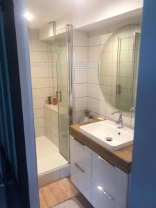 a bathroom with a sink and a shower with a mirror at Single-storey house in Saint-Cyr in Saint-Cyr-sur-Loire +11 photos