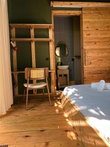 ein Schlafzimmer mit einem Bett, einem Stuhl und einem Spiegel in der Unterkunft Karma Hostel in Martvili