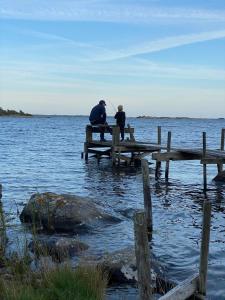 two people sitting on a picnic table in the water at Kuggeboda in Listerby