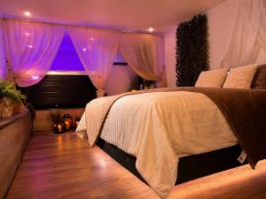 a bedroom with a large bed with purple lighting at Le Bain des VioIettes - Grand jacuzzi privatif in Dole