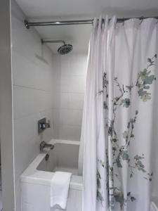 a bathroom with a bath tub and a shower curtain at Vancouver Condo-Park-Walk to Stadium-Sleeps 4 in Vancouver +24 photos