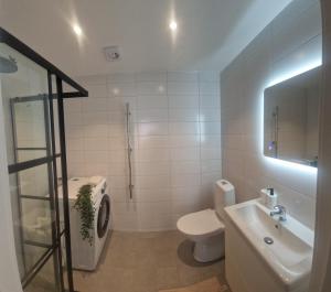 a bathroom with a toilet and a sink and a shower at Central City Apartment B in Nyköping