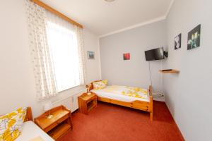 a bedroom with two beds and a window at Aparthaus Schmiedeschenke in Dresden
