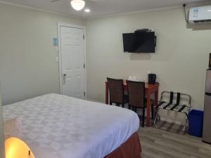 a bedroom with a bed and a table and a television at Manor Motel in Southampton
