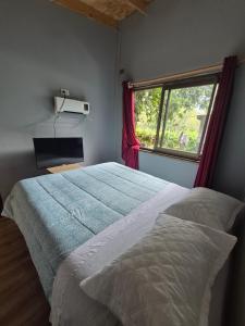 a bedroom with a large bed and a window at Cabañas don jose 1 in Pucón