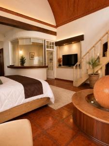 a bedroom with a bed and a table and a tv at Suite Copal in Tecozautla