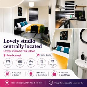 a poster for a luxury studio centrally located in a hotel room at Lovely studio centrally located in Peterborough